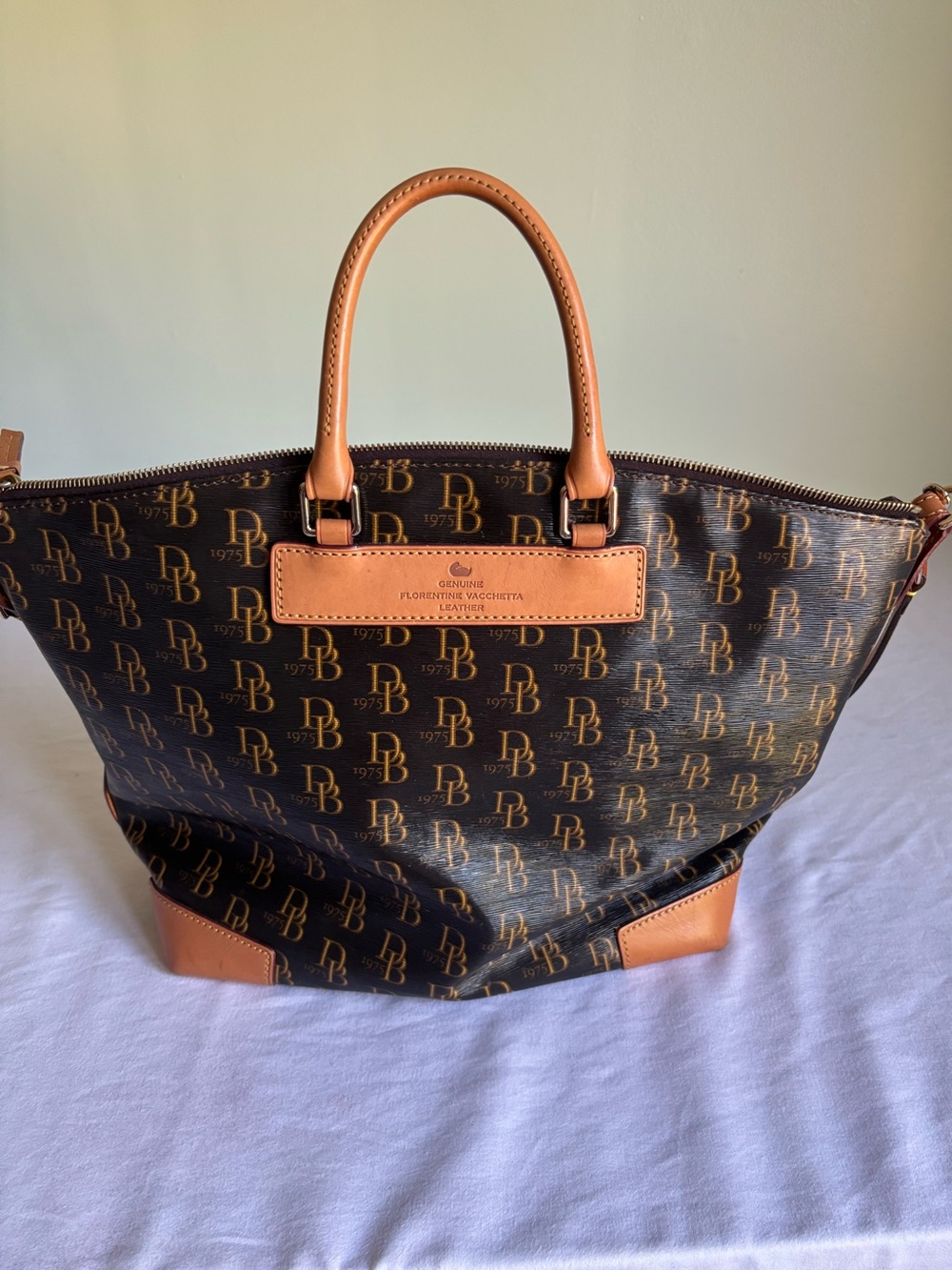 Dooney & Bourke 1975 Signature Monogram Satchel Brown Tan Leather Bag